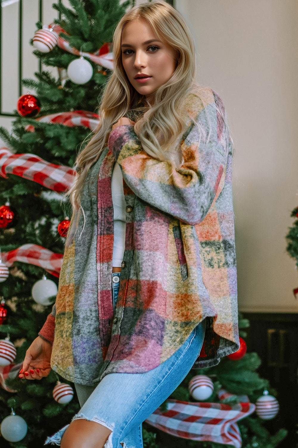 Button Up Plaid Fleece Shacket with Pockets