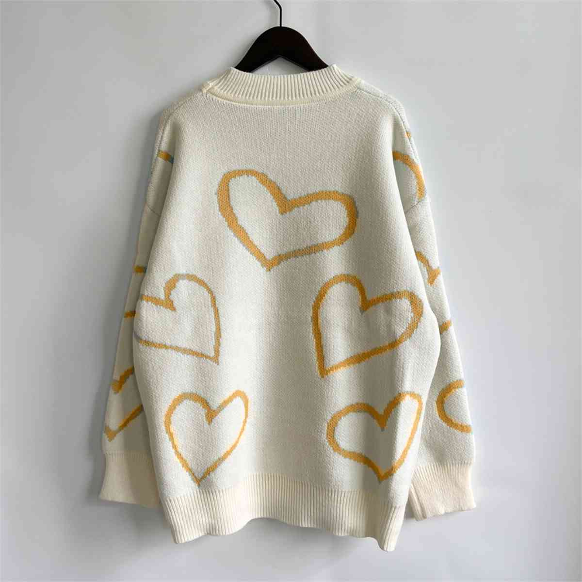 Heart Pattern Long Sleeve Sweater - Kenchima
