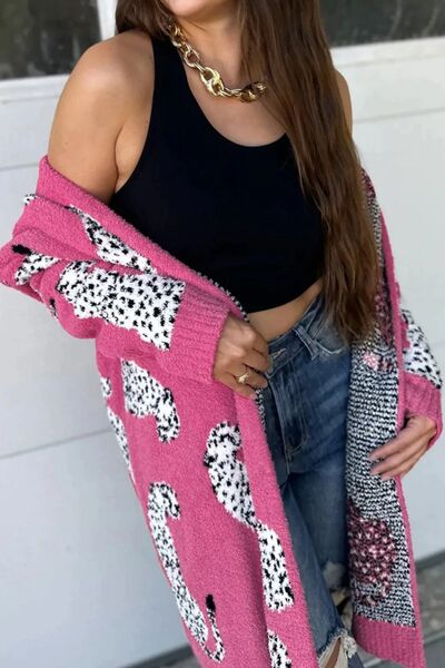 Animal Pattern Open Front Long Sleeve Cardigan - Kenchima