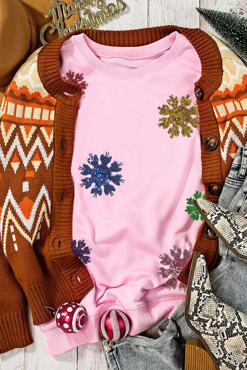 Sequin Snowflake Round Neck Sweatshirt - Kenchima