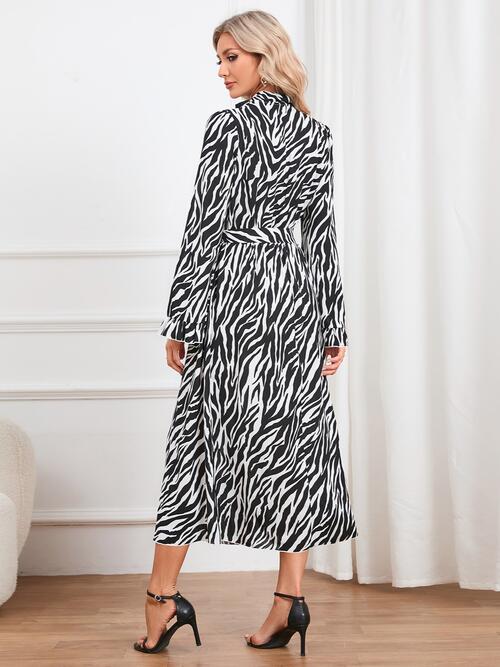 Animal Print Tie Front Ruffle Trim Dress - Kenchima