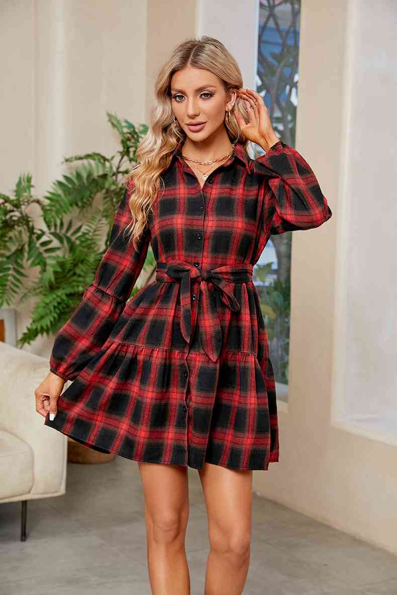 Plaid Print Tie Waist Collared Neck Shirt Dress - Kenchima