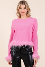 Feather Trim Long Sleeve Crop Hacci Knit Top