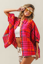 Button Up Dolman Sleeve Plaid Shirt