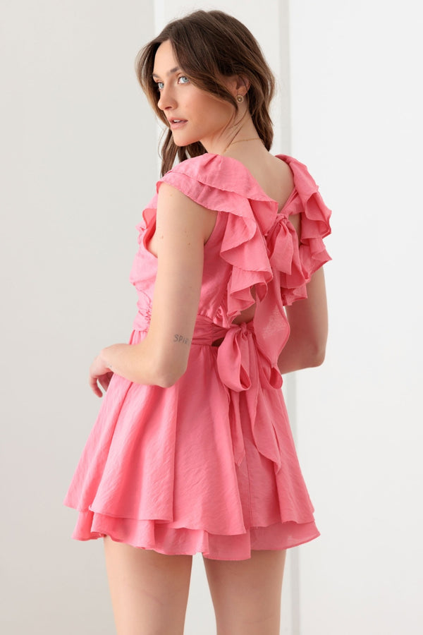 Tie Back Front Button Ruffled Romper