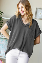 Full Size Front Pocket Short Sleeve Ribbed Top