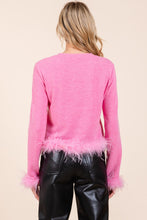 Feather Trim Long Sleeve Crop Hacci Knit Top