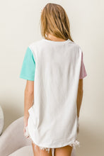 Letter Patch V-Neck Color Block Short Sleeve T-Shirt