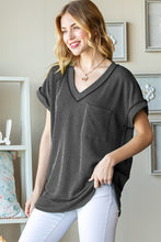 Full Size Front Pocket Short Sleeve Ribbed Top