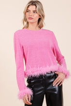 Feather Trim Long Sleeve Crop Hacci Knit Top