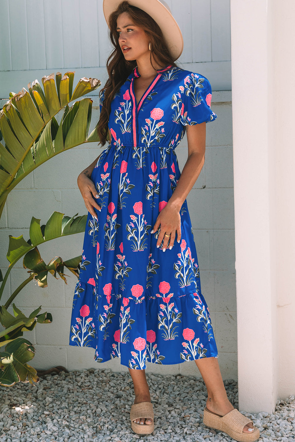 Sky Blue Floral Puff Short Sleeve V Neck High Waist Maxi Dress