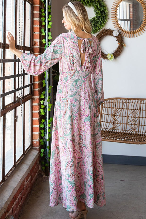 Paisley Print Tie-Back Long Sleeve Maxi Dress