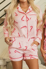 Candy Cane Collared Neck Long Sleeve Top and Shorts Lounge Set