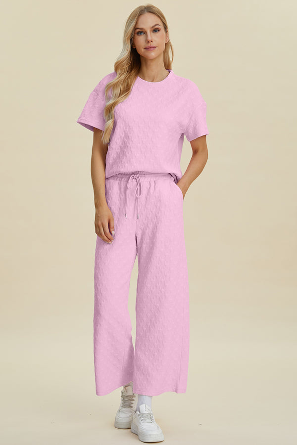 Texture Round Neck Top and Pants Set