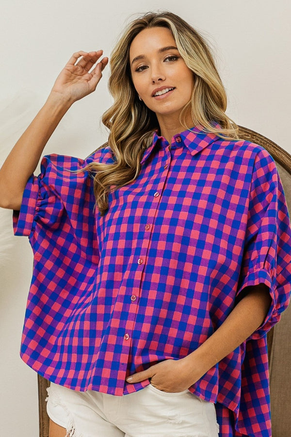 Plaid Button Up Dolman Sleeve Shirt