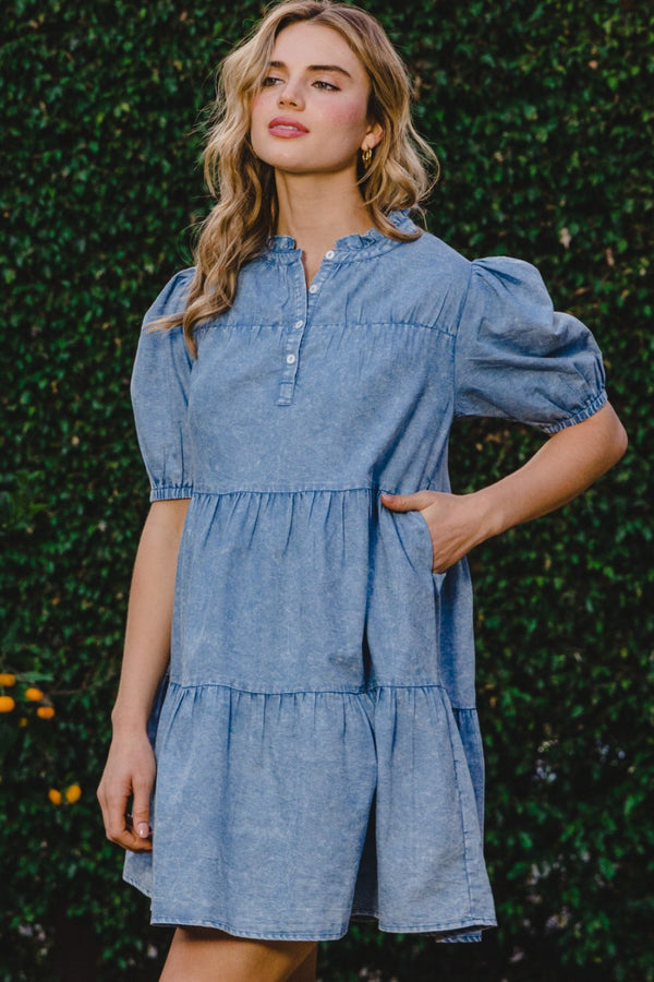 Washed Tiered Mini Denim Dress