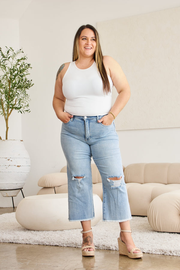 Full Size Tummy Control High Waist Raw Hem Distressed Jeans