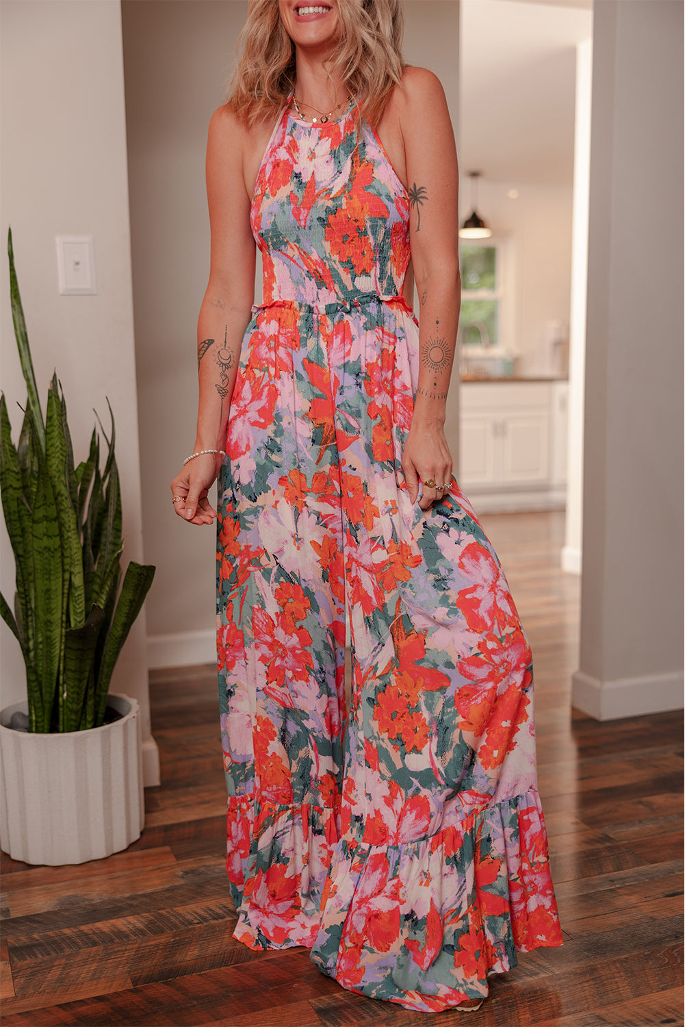 Multicolour Floral Print Smocked Halter Neck Sleeveless Wide Leg Jumpsuit