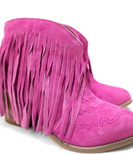 Amos Fringe Ankle Bootie in Magenta Suede