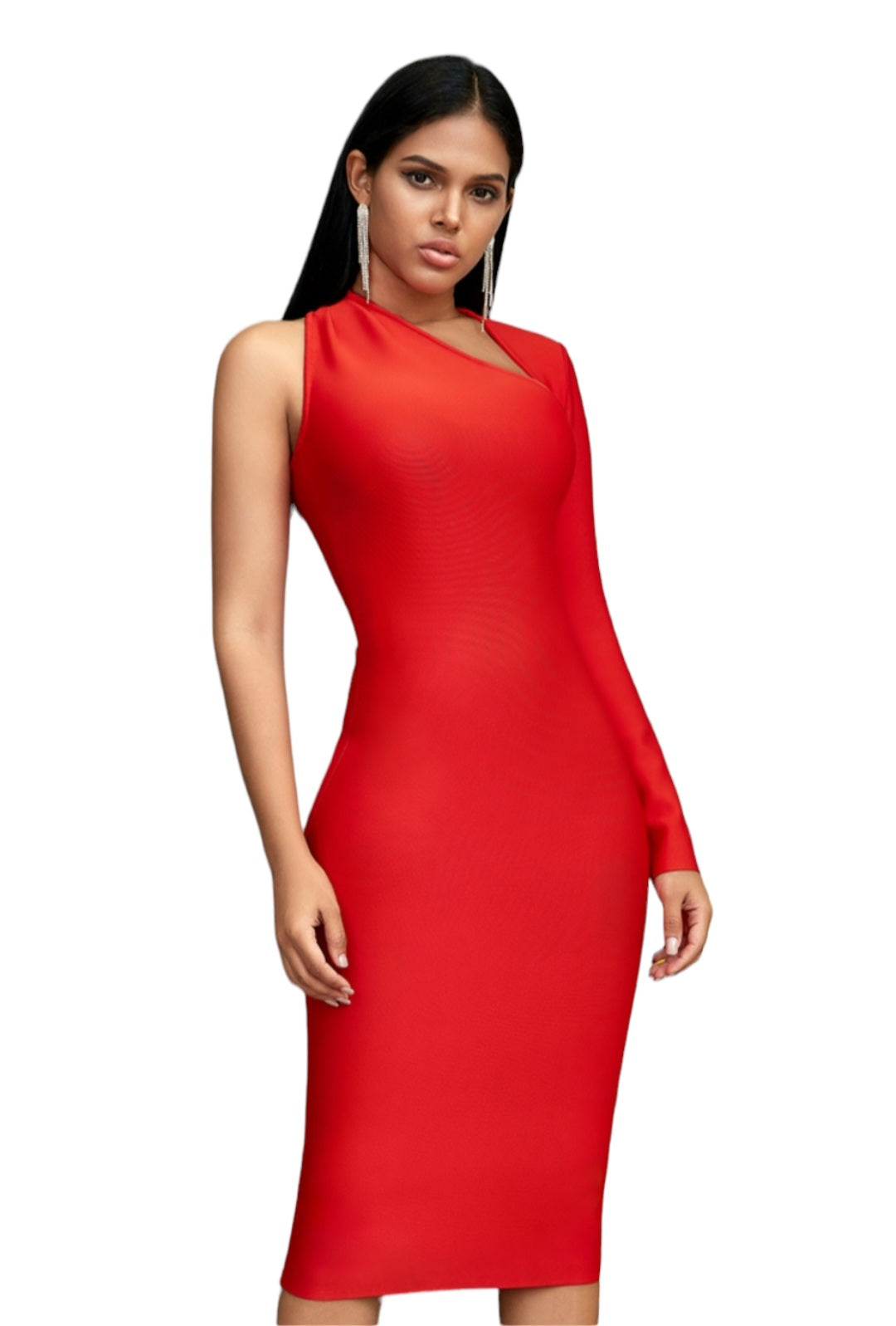 Asymmetrical neckline midi dress