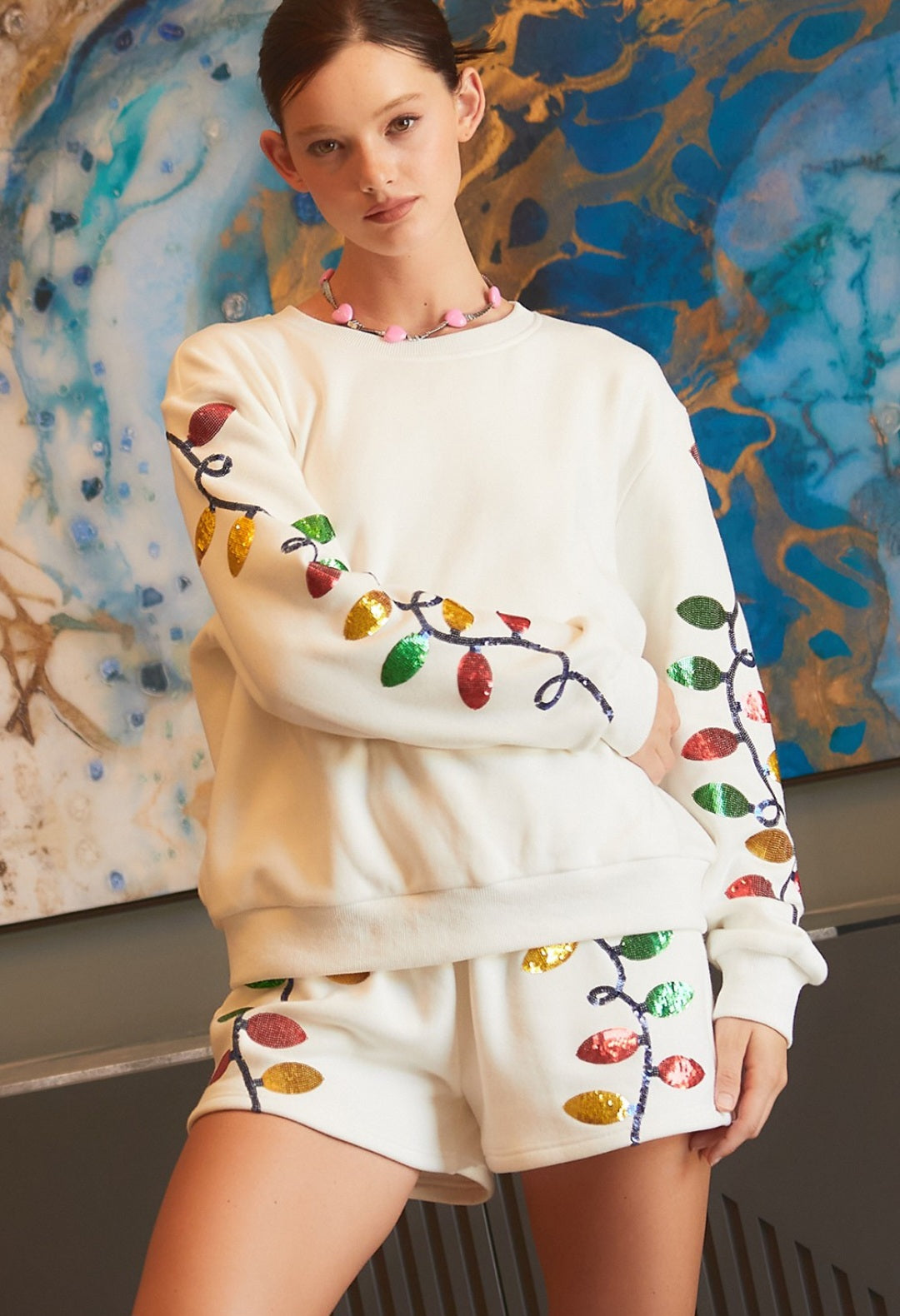 light sequins sweater top & short set