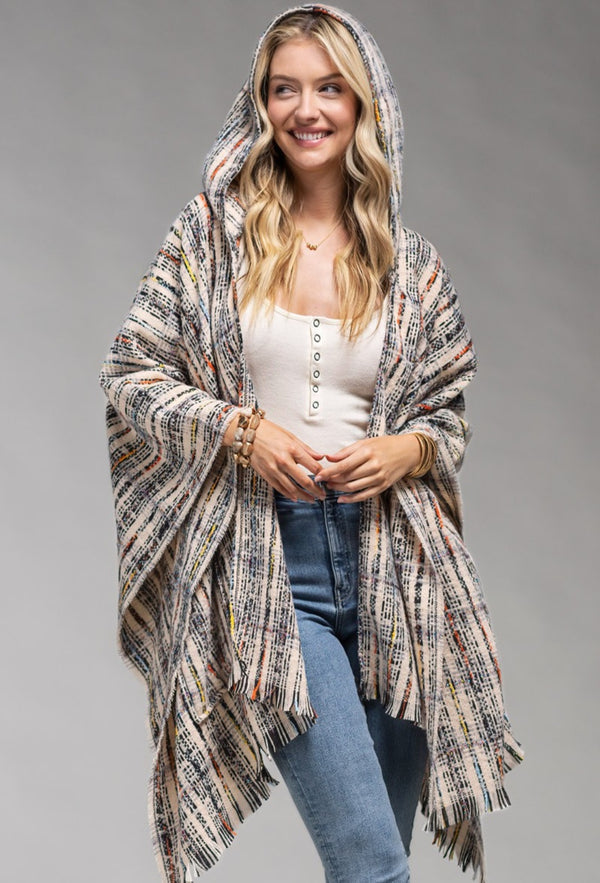 Plaid poncho bohomian hoodie with pockets.