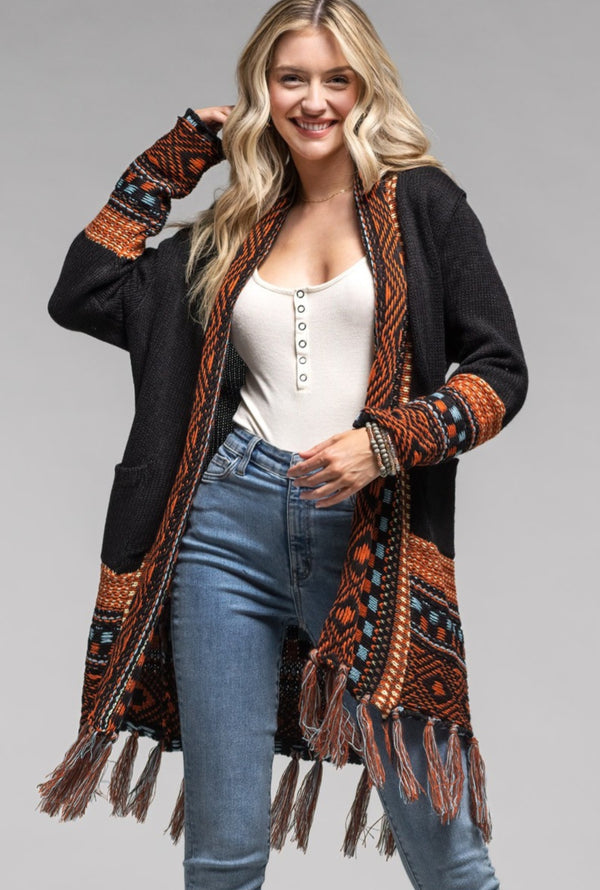 Ethnic fringe sweater cardigan