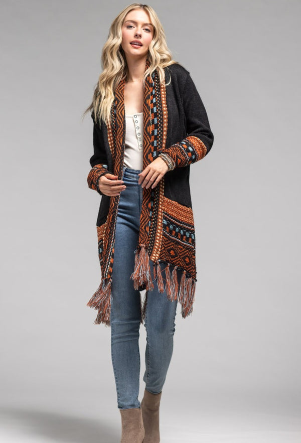 Ethnic fringe sweater cardigan