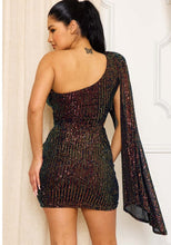 One shoulder draped wide sleeves black sequin mini dress