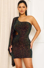 One shoulder draped wide sleeves black sequin mini dress