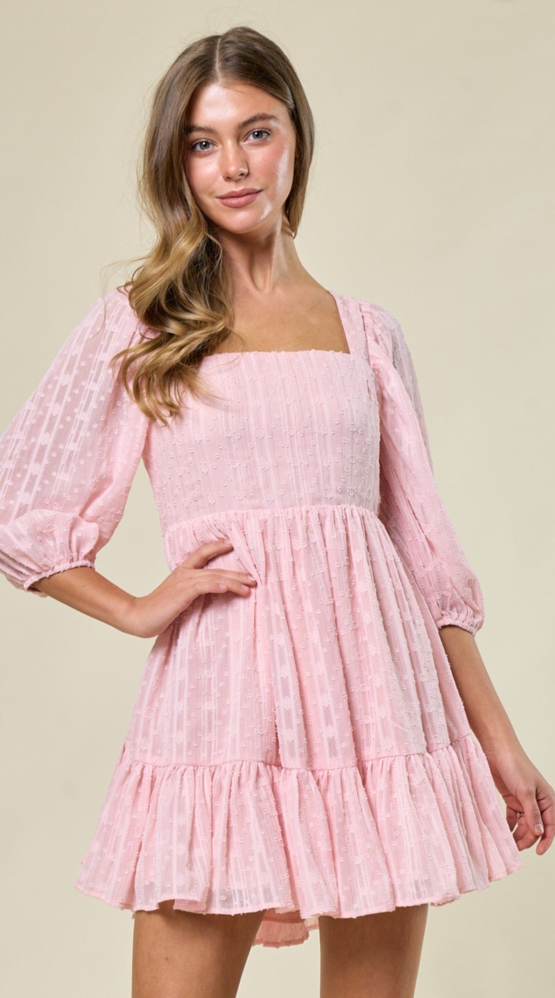 Textured lace mini dress in pink