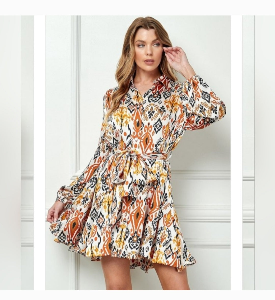 Printed long sleeves satin shirt dress