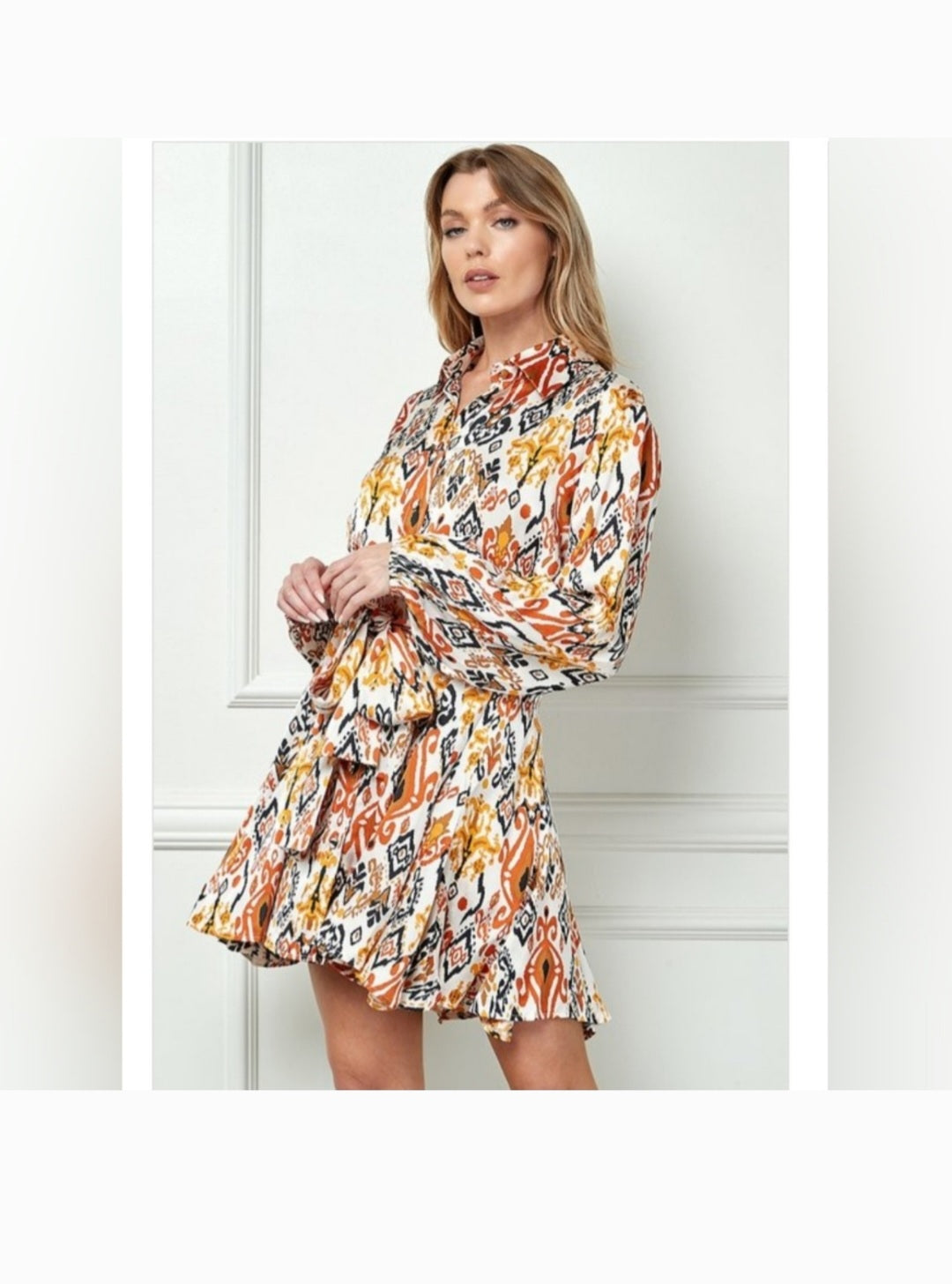 Printed long sleeves satin shirt dress