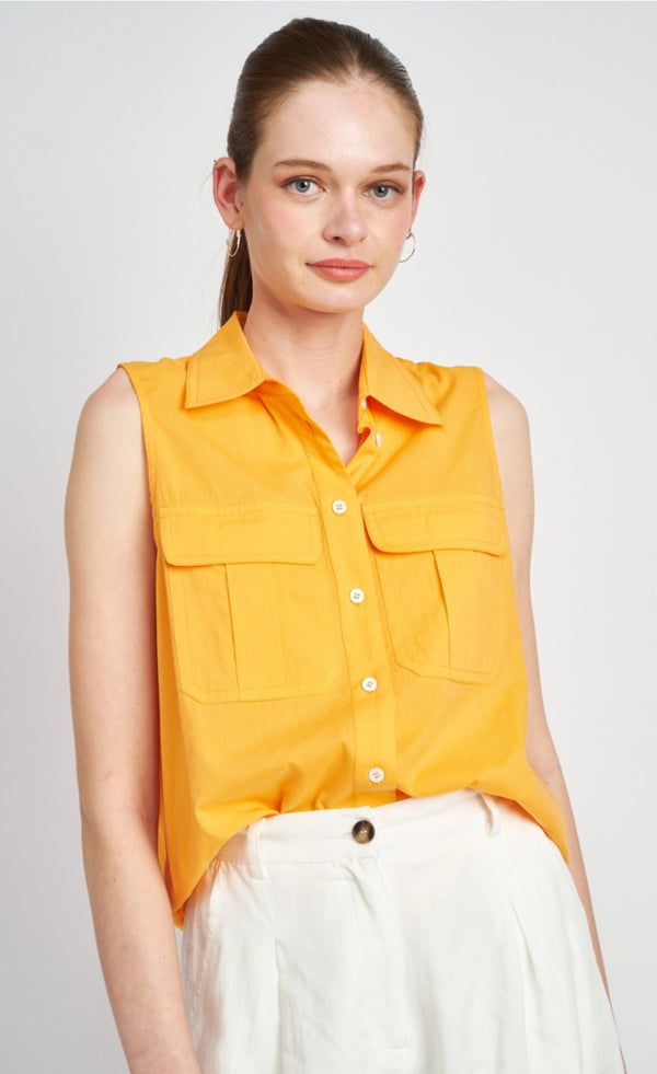 Collared sleeveless women button-down shirt