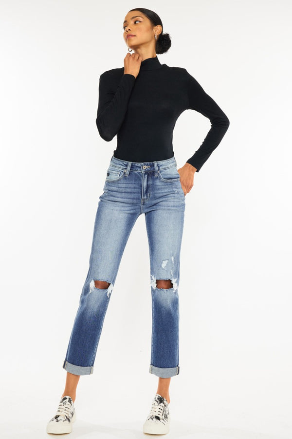 High Waist Distressed Hem Detail Cropped Straight Jeans