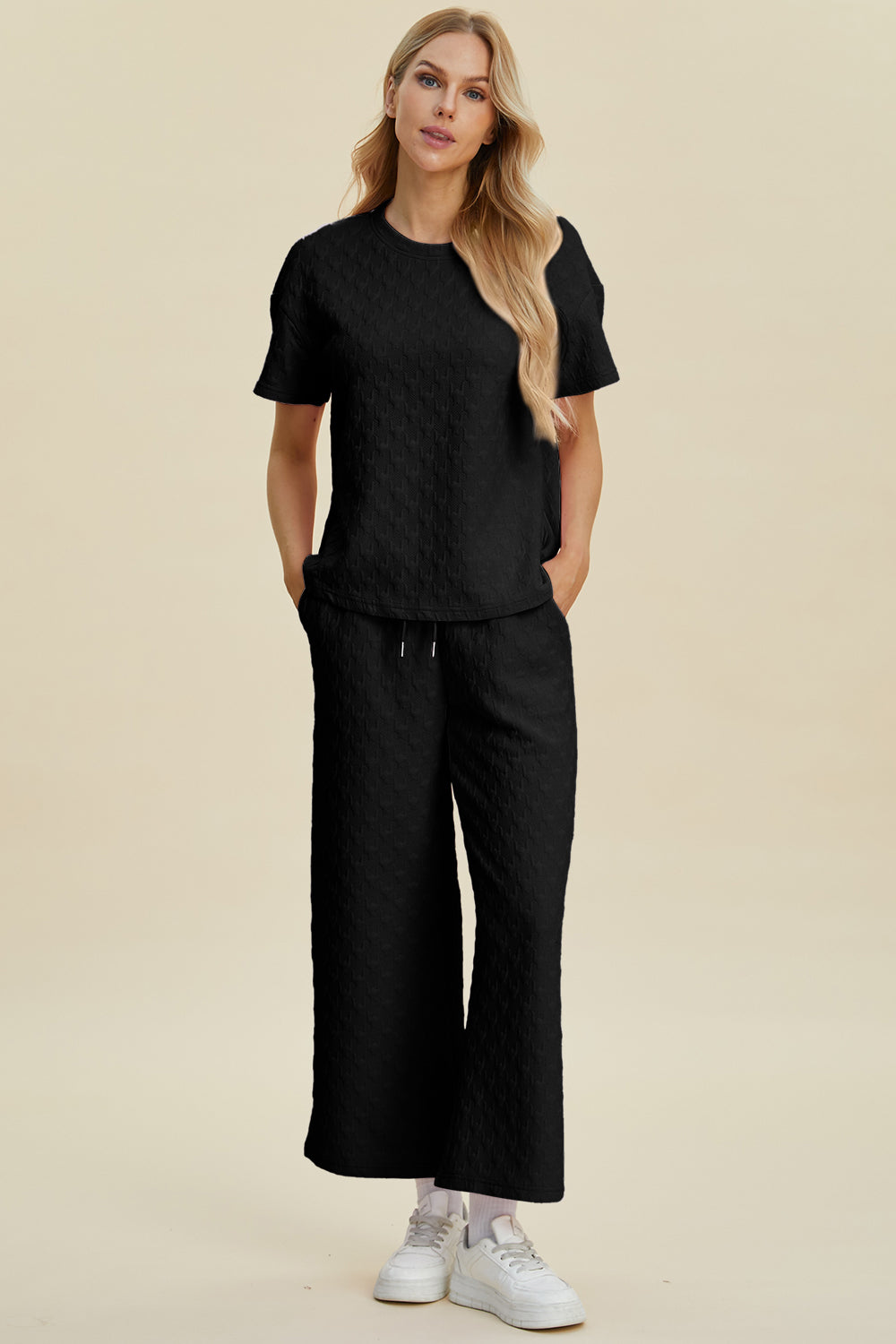 Texture Round Neck Top and Pants Set
