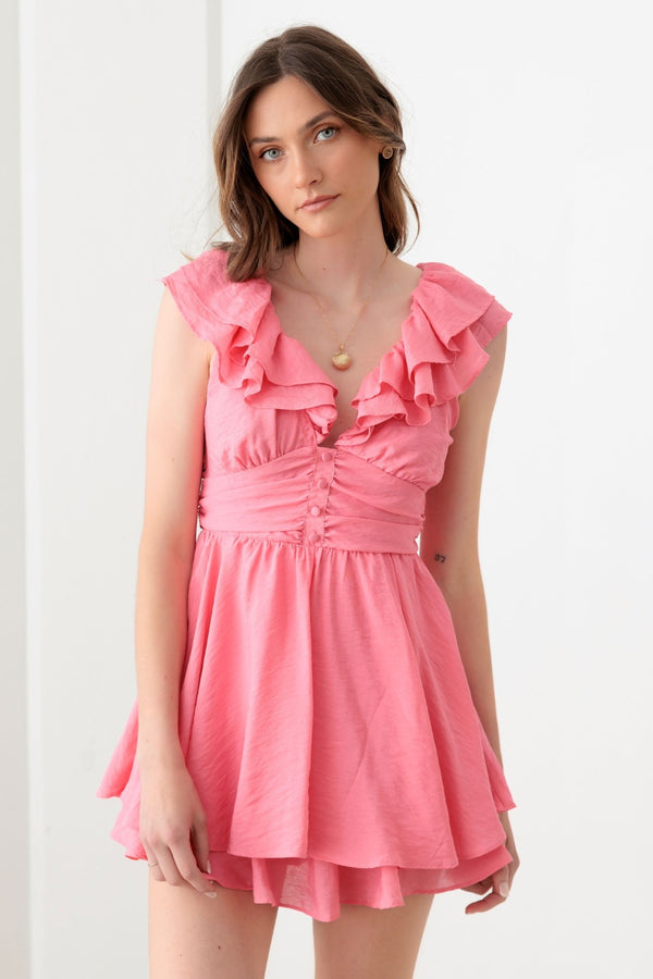 Tie Back Front Button Ruffled Romper