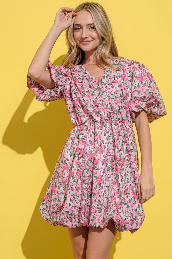 Floral Surplice Puff Sleeve Dress