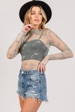 Mesh Long Sleeve Sheer Floral Embroidery Top