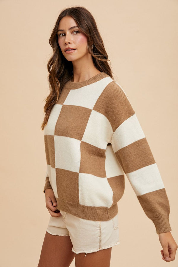 Annie Wear Checkered Round Neck Dropped Shoulder Sweater