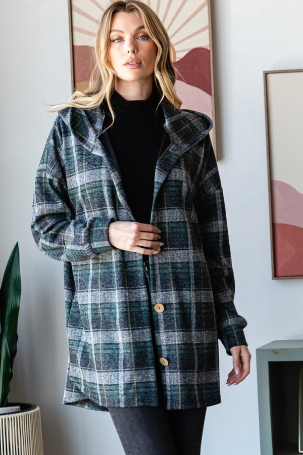 Plaid Button Down Long Sleeve Hooded Cardigan