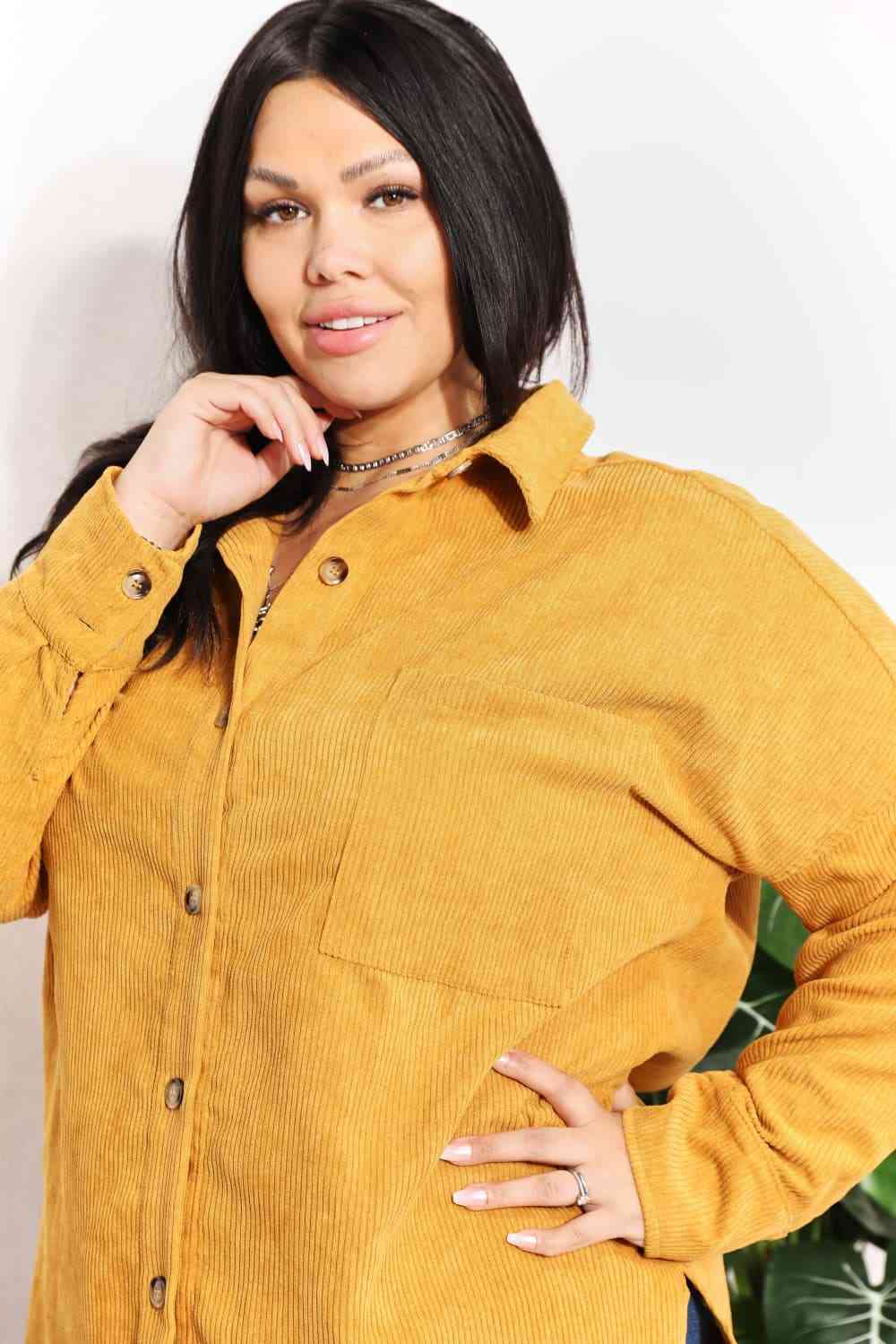 Oversized Corduroy  Button-Down Tunic Shirt with Bust Pocket