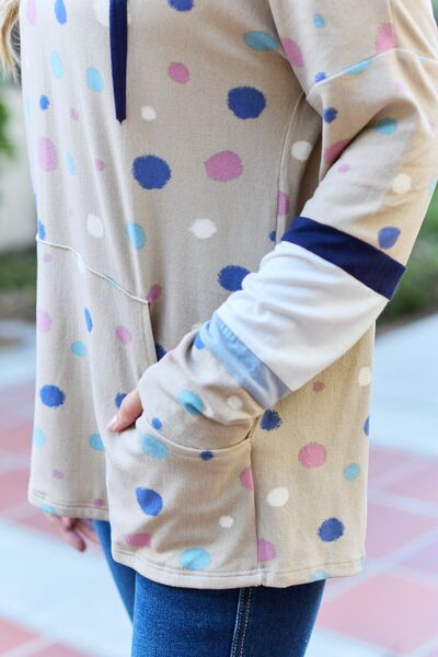 Full Size Polka Dot Drawstring Hoodie - Kenchima 