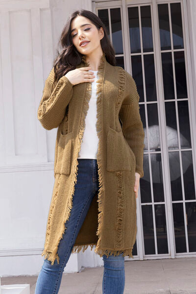 Fringe Trim Open Front Cardigan with Pockets - Kenchima 