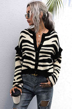 Striped Button-Down Round Neck Drop Shoulder Cardigan - Kenchima 