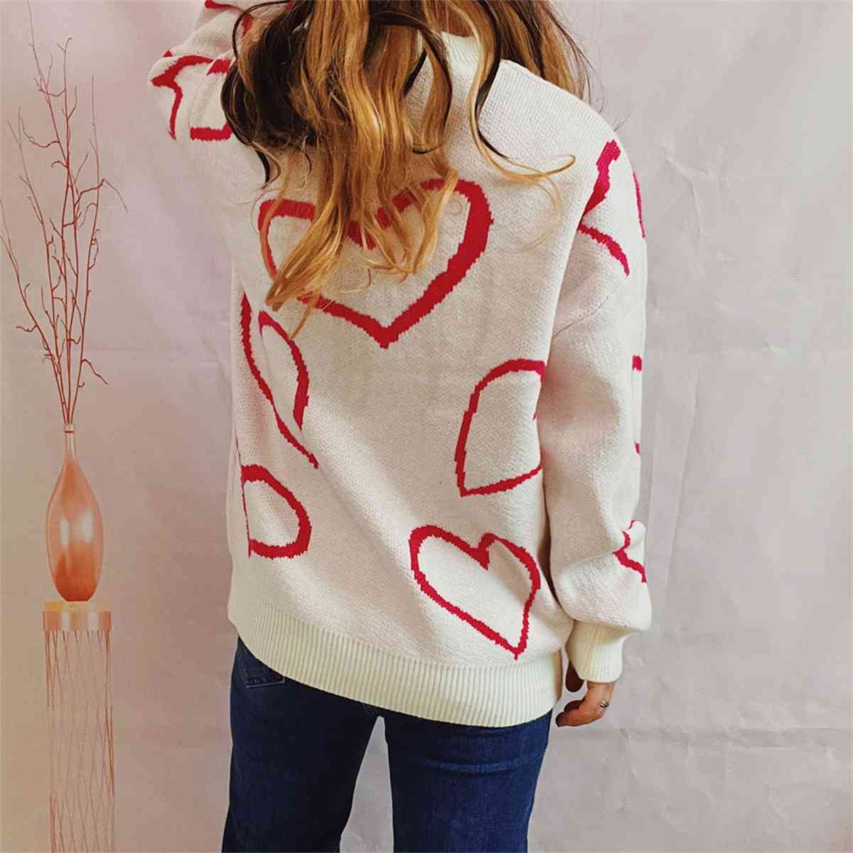 Heart Pattern Long Sleeve Sweater - Kenchima 