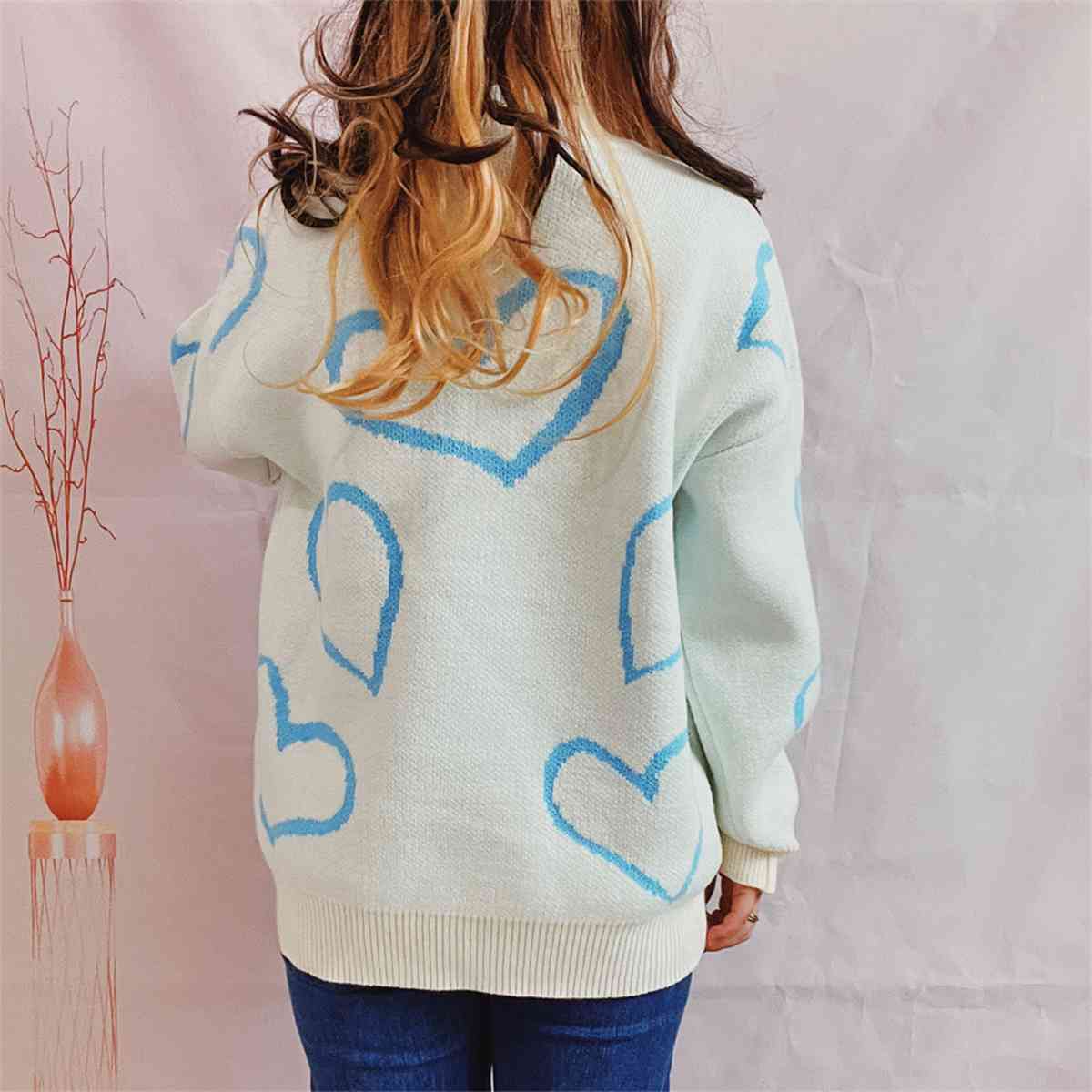 Heart Pattern Long Sleeve Sweater - Kenchima 