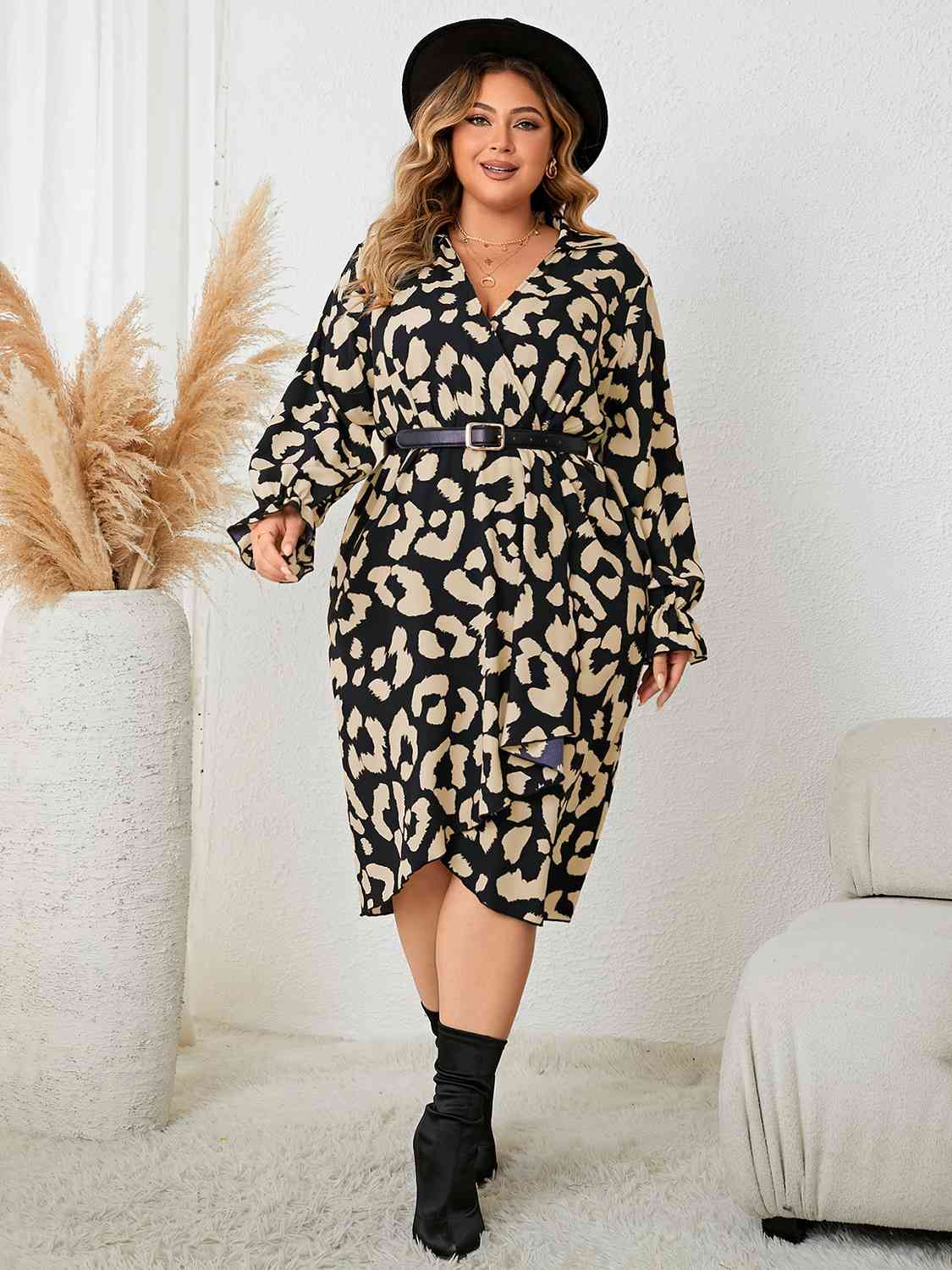 Plus Size Leopard Surplice Neck Flounce Sleeve Dress - Kenchima 