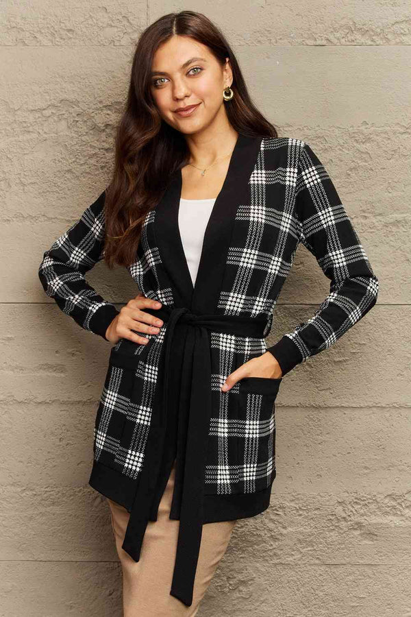 Plaid Tie Waist Pocketed Cardigan