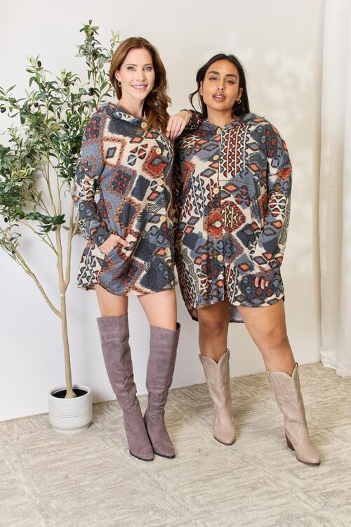 Printed Button Up Hooded Jacket - Kenchima 